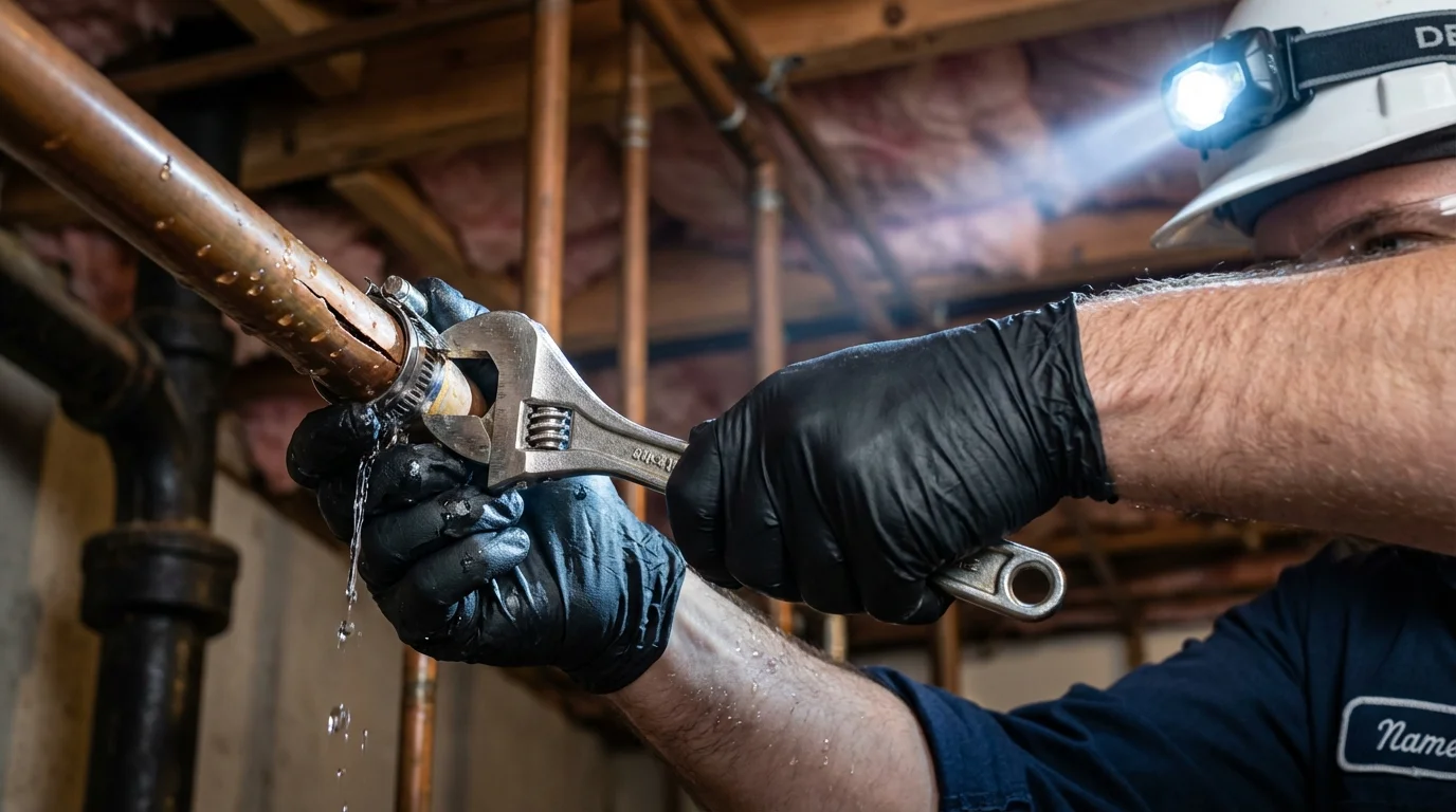 Emergency pipe clamp repair being performed by a Johns Plumbing LLC plumber in West Richland