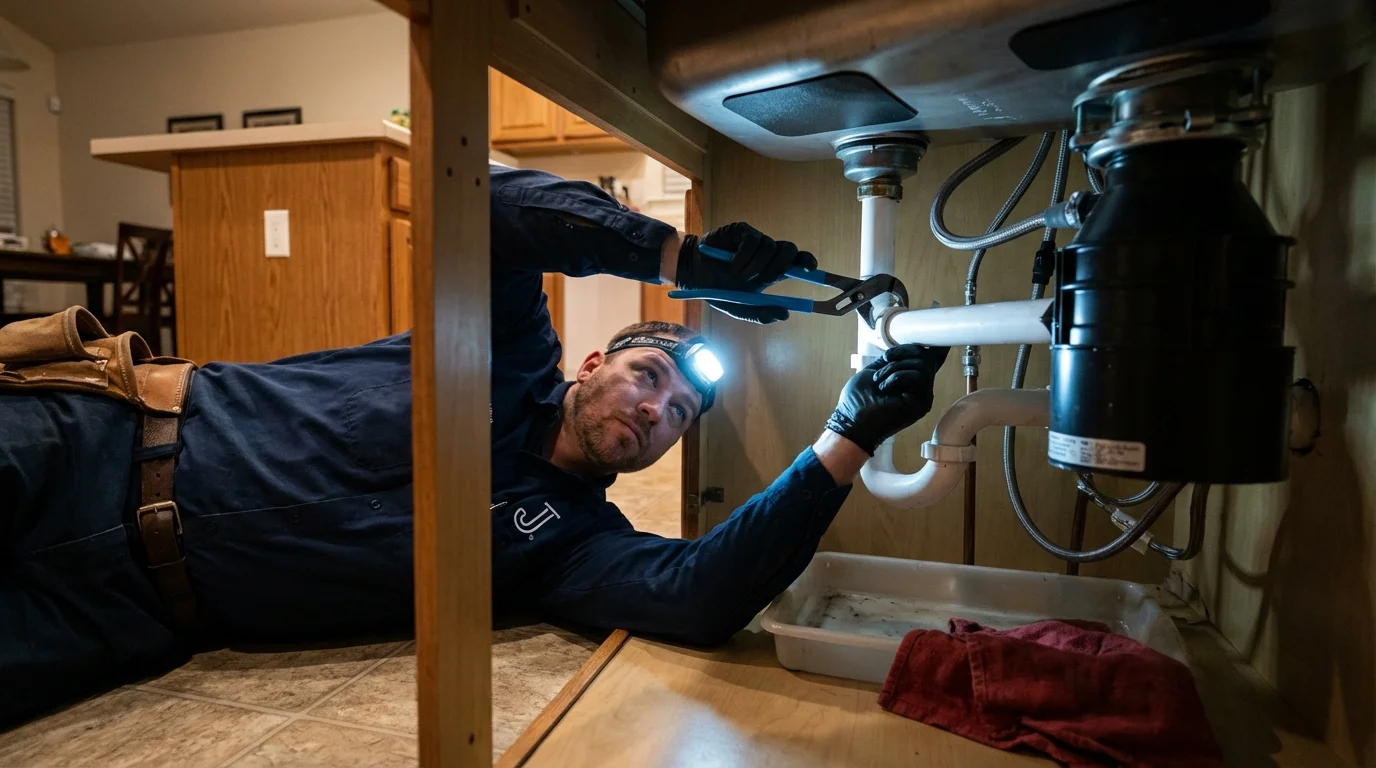 P-trap and supply line connections under a kitchen sink showing a common leak point in West Richland, WA